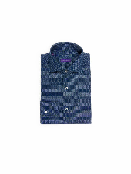 Patrick Hellmann CollectionBlue Shirt With Spread Collar And Small Leaves Patternimage999